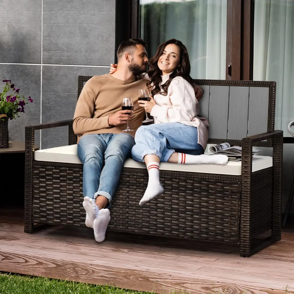 Banco de armazenamento de vime ao ar livre para móveis do pátio, All-Weather PE Rattan Deck Box, armazenamento Seat Box, 70 galões