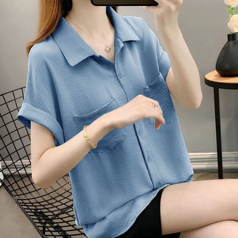 

Solid Color Double Pockets Short Sleeves Shirt for Women Summer New Casual Commuting Loose Slimming Tops Fashion Women Clothing