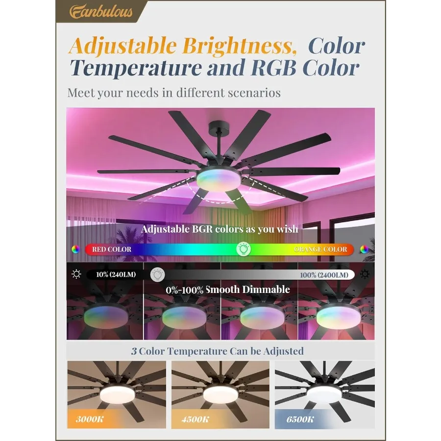 مراوح سقف RGB مقاس 65 بوصة مع أضواء ومروحة سقف سوداء خارجية عن بعد مع 10 شفرات مصباح LED 32 وات 3 CCT 6 سرعات قابلة للعكس #4