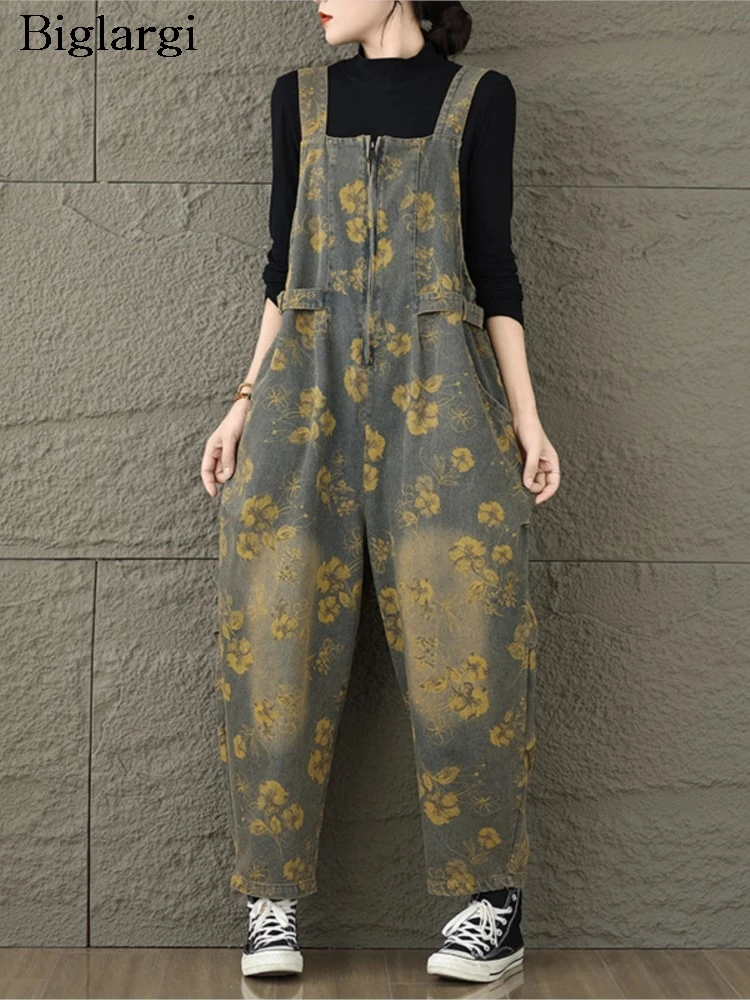 

Большие джинсовые комбинезоны с цветочным принтом, брюки, женские модные повседневные свободные женские брюки, женские комбинезоны, брюки