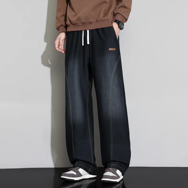 

Men'S Curved Knife Jeans Large Size Straight Loose Fit Spring Autumn Youth Plus Size Wide Leg High Elasticity Long Pants