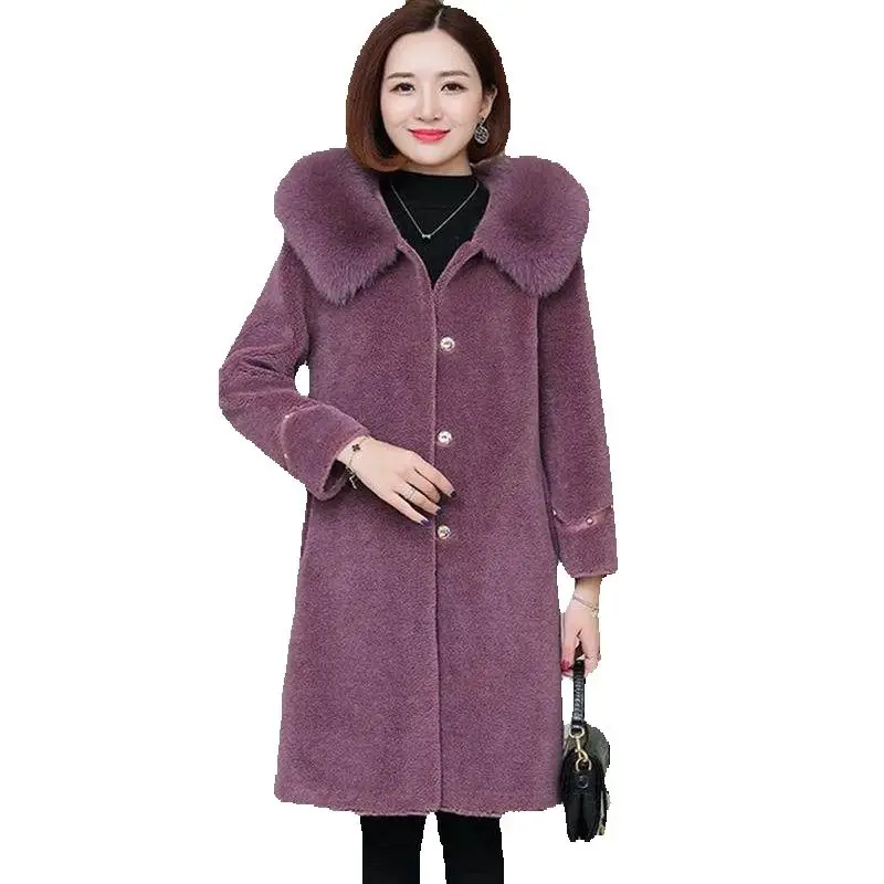 تخفيضات على نموذج جديد لمعطف نسائي من جلد الغنم 2025 مع ياقة فرو ثعلب بغطاء للرأس ومزيج من الصوف والفراء