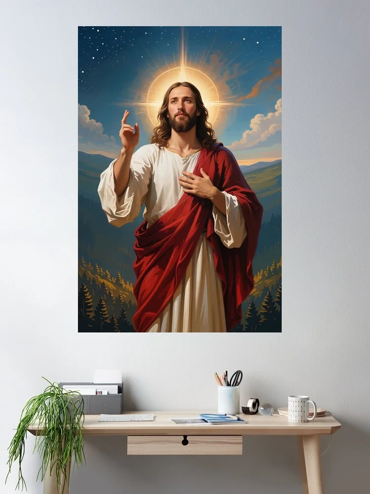 

Jesus Christ Portrait Landscape Robes Halo Stars Dawn Mountains, Art Print Canvas Poster, Living Room Decor, Home Wall Picture