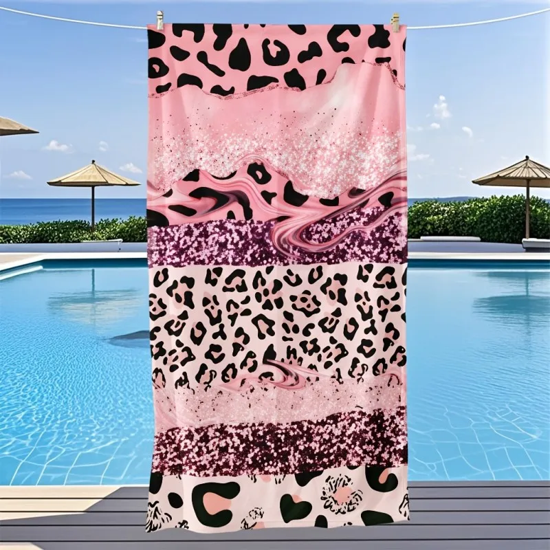 Glitter Leopard Patchwork Style Pink Glitter Marble Mixed Leopard Patchwork Print Quick Dry Fashion Beach Towel