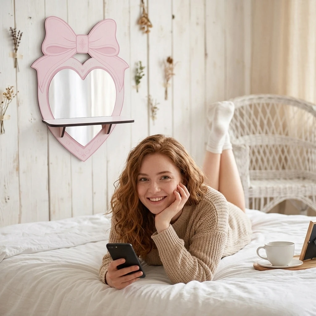 Wall Shelf Cute Pink Mirror Heart Bow Organizer for Girls Bedroom Living Room Home Decor Acrylic Storage Rack Aesthetic