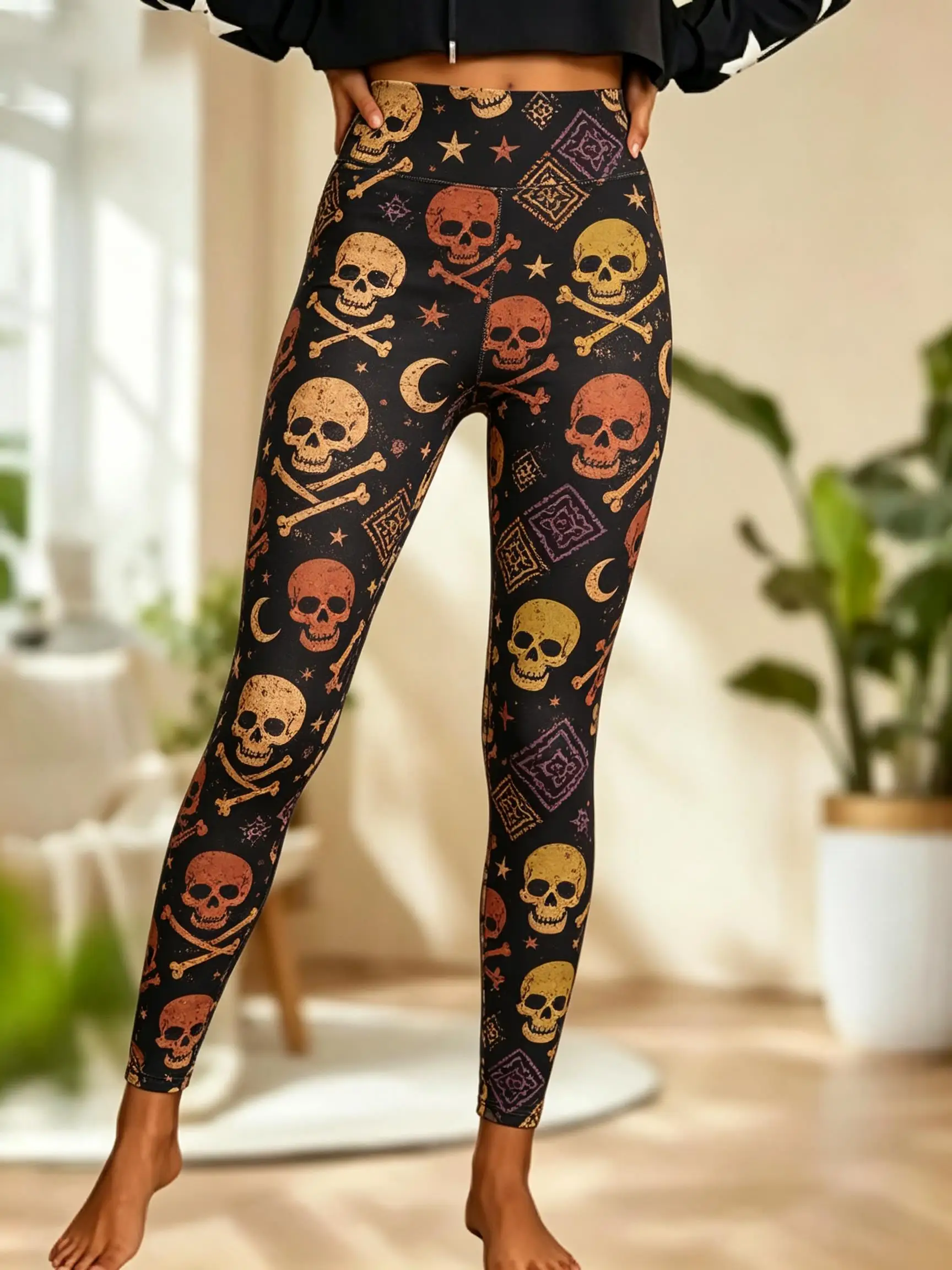 Women Fleece‑lined Mid‑rise Leggings Cartoon Skull Pumpkin Ghost Rainbow Print Slim Stretch Halloween Casual Pants