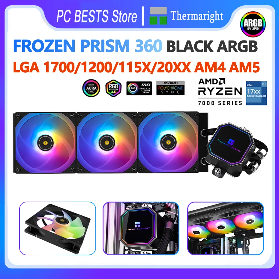 

Thermalright Frozen Prism 360 Black ARGB Water Cooled Radiator 5V 3PIN CPU Cooling Fan Intel LGA1700 2011 1200 1366 115X AM5 AM4