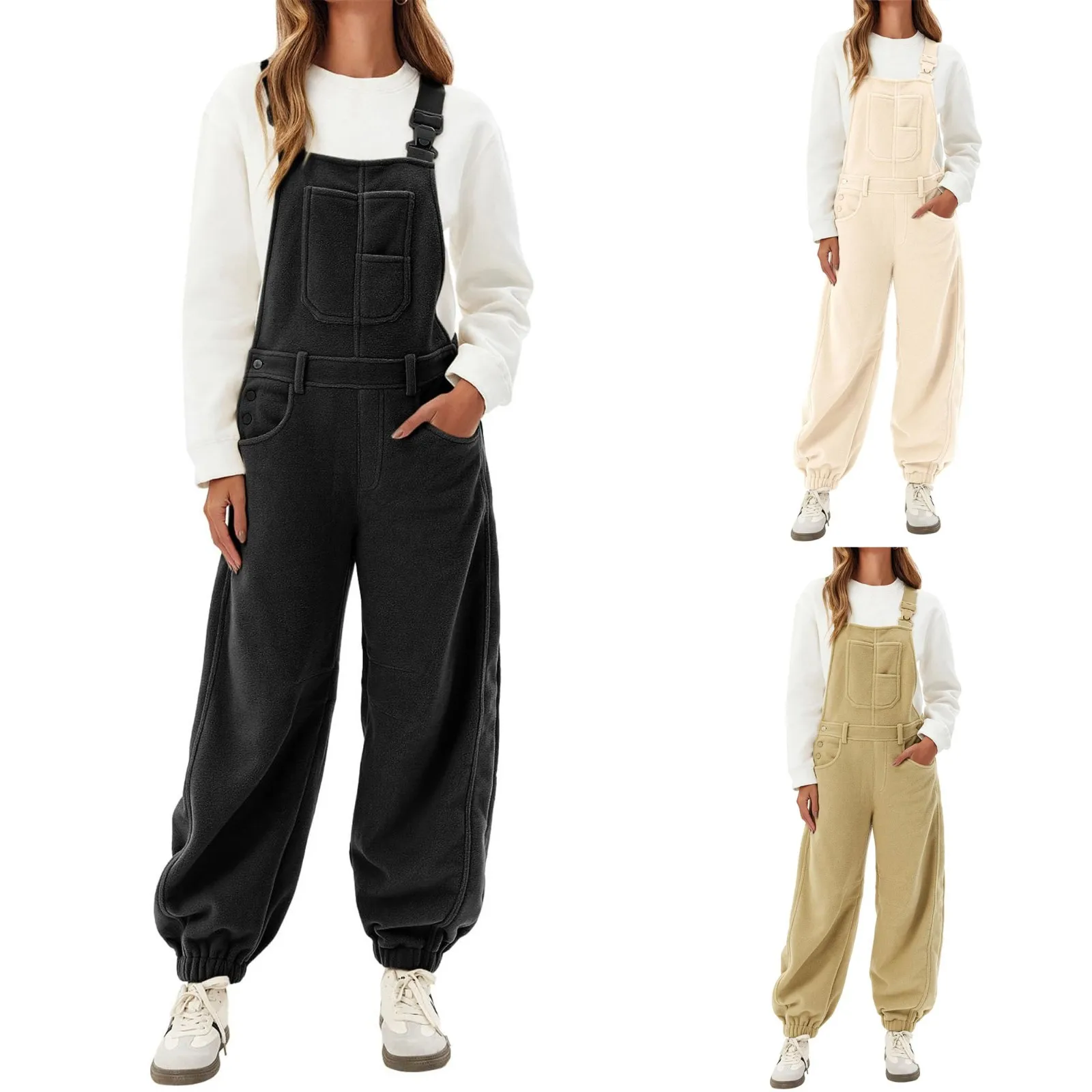 جمبسوت نسائي من الصوف سميك دافئ للخريف والشتاء فضفاض بأشرطة قابلة للتعديل جمبسوت غير رسمي مع جيوب Enterizos Para Mujer