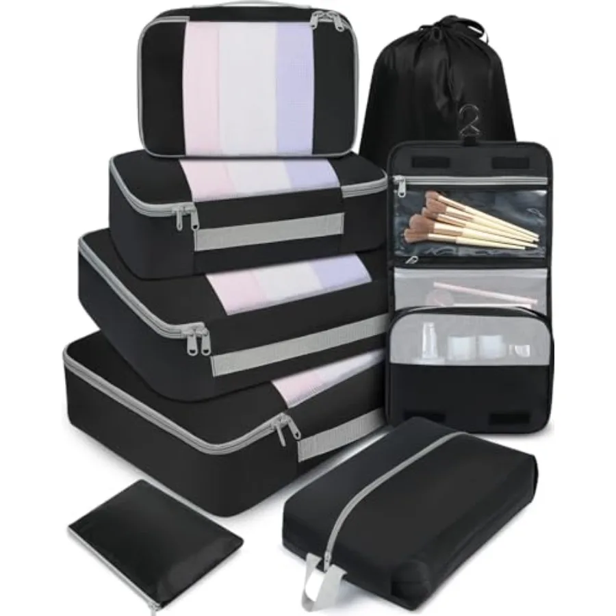 

Travel Packing Cubes Set 6/8/10pcs Lightweight Polyester Organizers for Luggage Carry On Suitcase in Multiple Colors with Compr