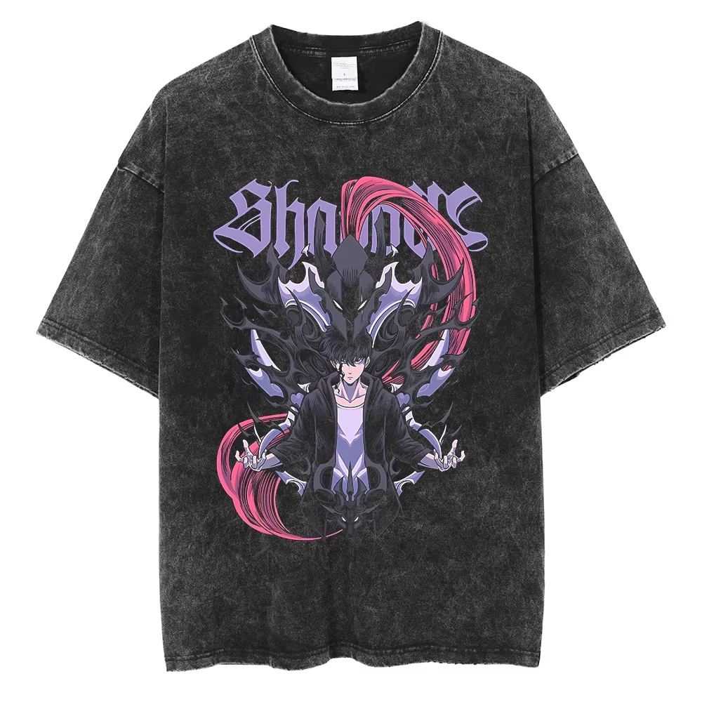 

2025 Hot Anime Solo Leveling Sung Jin Woo Print Men Women High Quality Washed Cotton T-shirts Harajuku Male