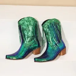 Pointed Toe Sequins Glitter Bling Shiny Gold Green Purple Women Heels Shoes Mid-calf Western Cowboy Boots with Fringes Tassels