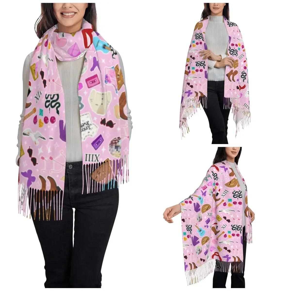 Women's Tassel Scarf Swiftie Eras Album Pattern Long Soft Warm Shawl Wrap Gifts Pashmina Scarves