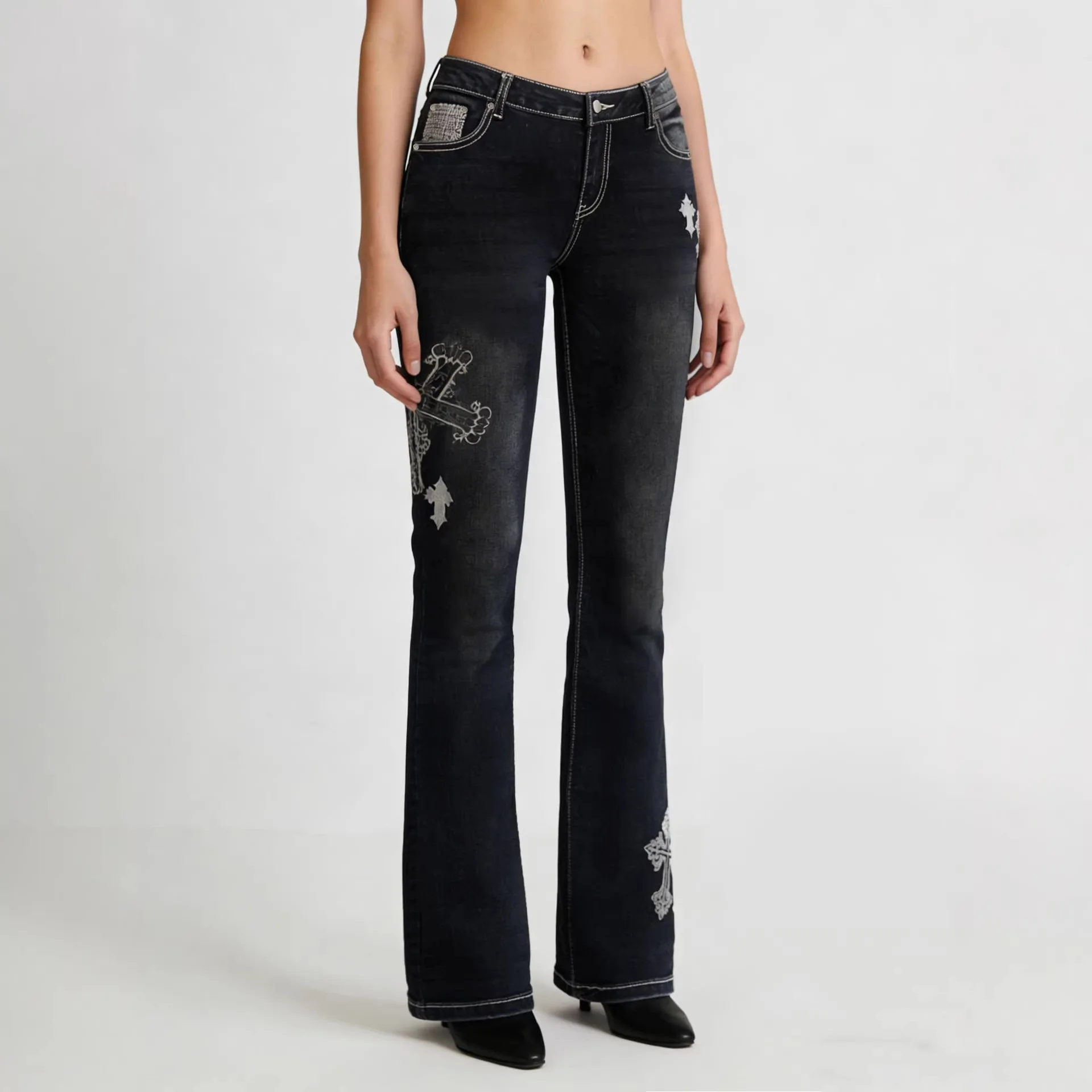 

High Waist Straight Leg Embroidered Denim Jeans Women Slim Fit Elastic Flared Pants Cotton OL Commute Sle Bla Color