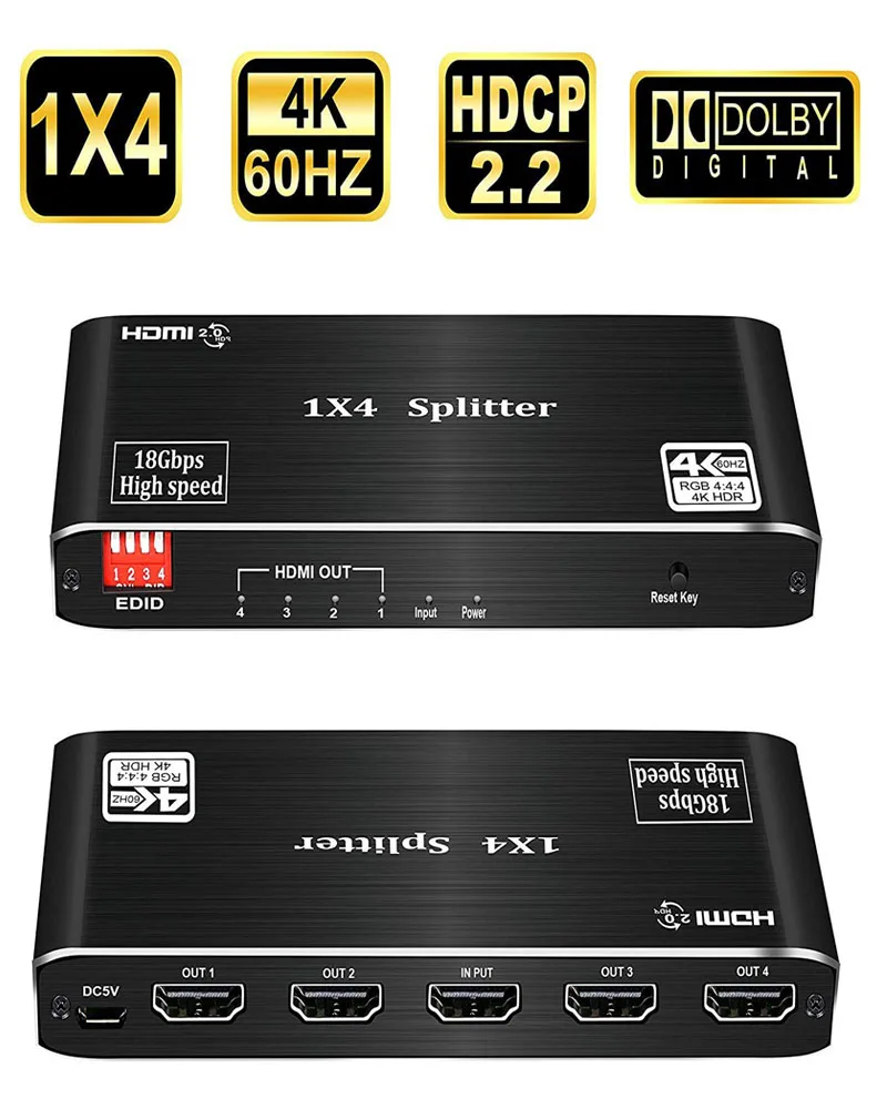 HDMI Splitter 1x4 4K@60Hz HDMI2.0 HDCP2.2 EDID 1 Input 4 Output Video Splitter 18Gbps For PC Laptop PS5 Xbox Monitor TV Projecto