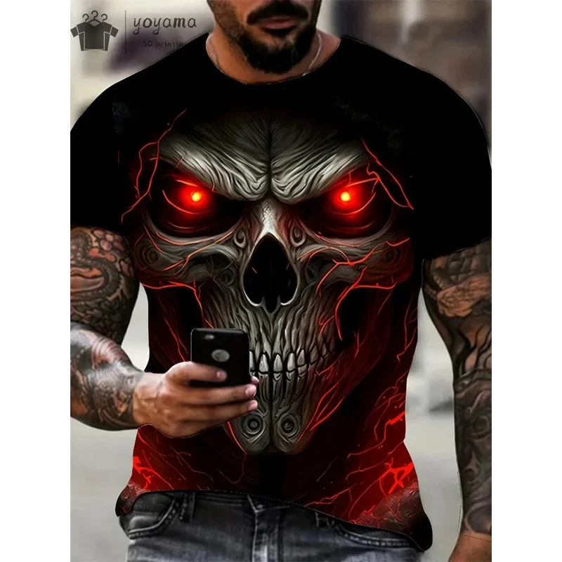 Camiseta hombre esqueleto de terror 3D, escote redondo, manga corta, camiseta extragrande, ropa de calle, moda retro, verano