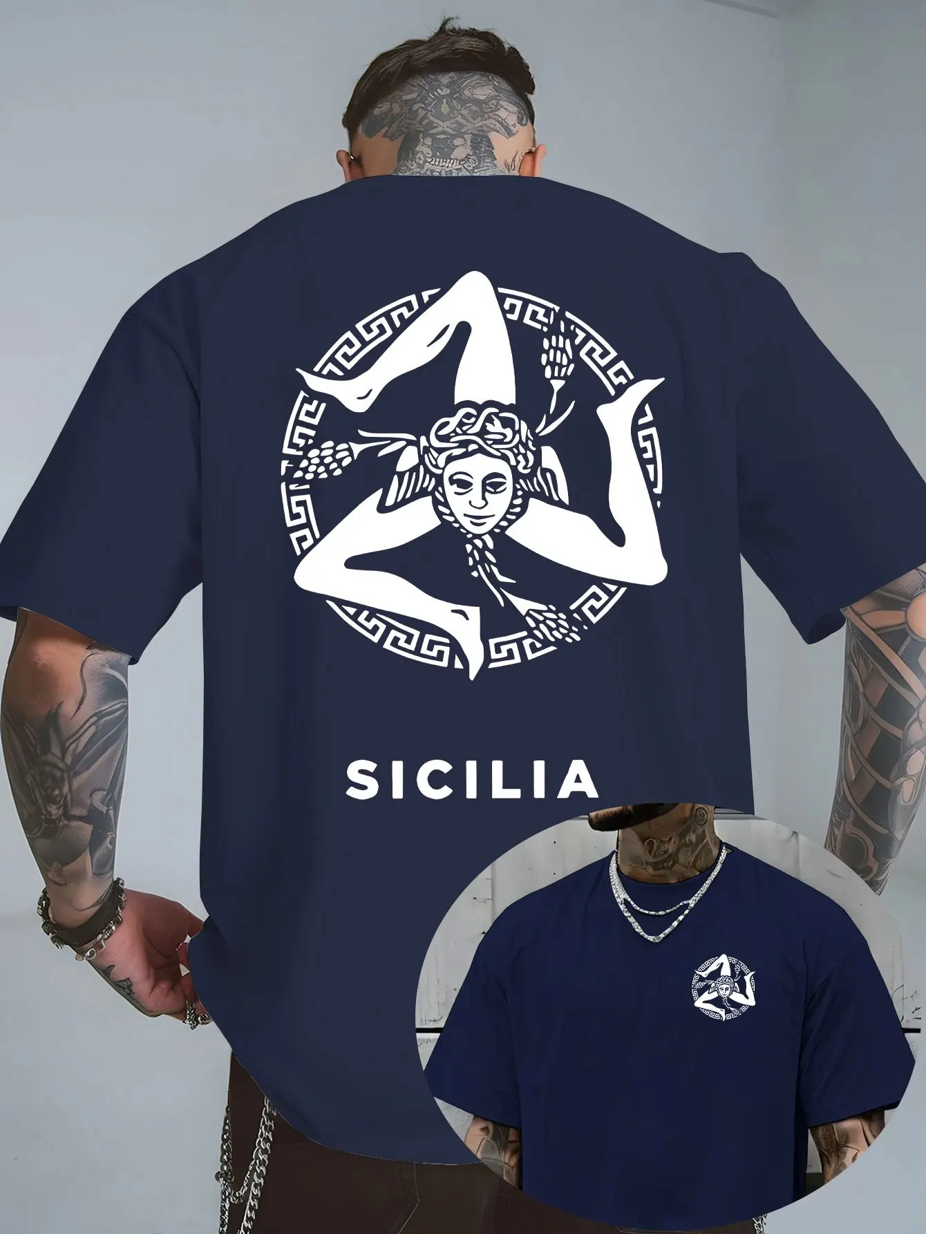 Vintage Sicilia Trinacria Symbol Grafik-T-Shirt für Herren Atmungsaktiv 100% Baumwolle Perfekt für Sommer-Streetwear und Italienische Kultur-Atmosphäre – Detail 6