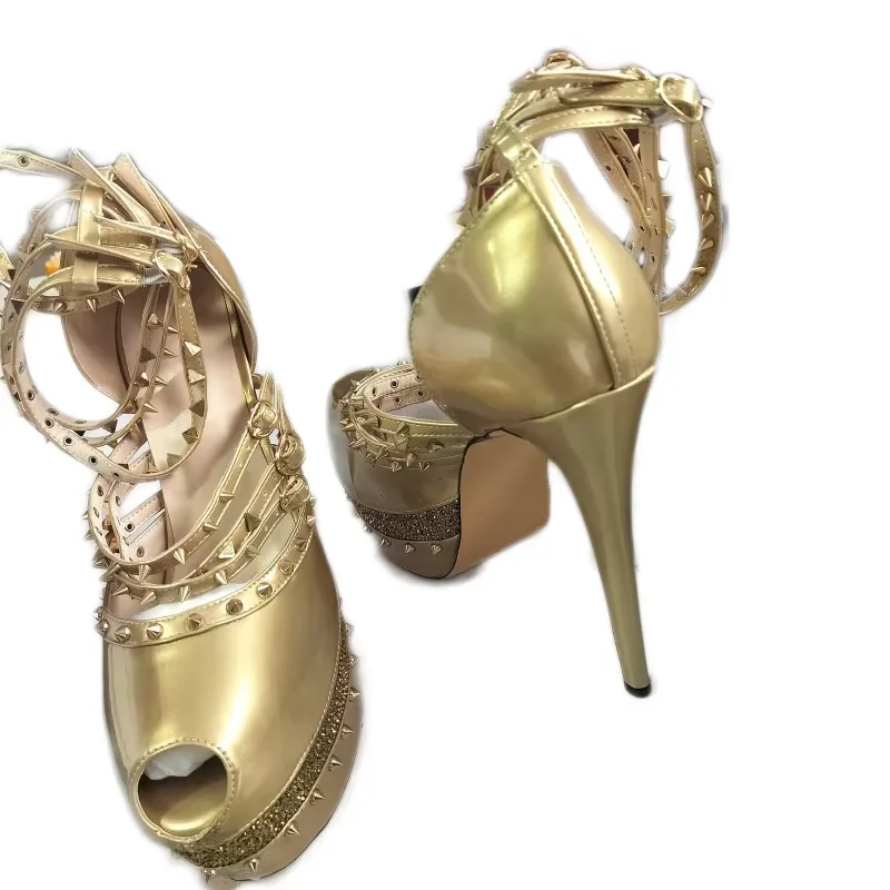

DIZHUANG Fashionable women's high-heeled sandals. Golden sandals About 15cm heel height Summer women's shoes Ankle buckle shoes