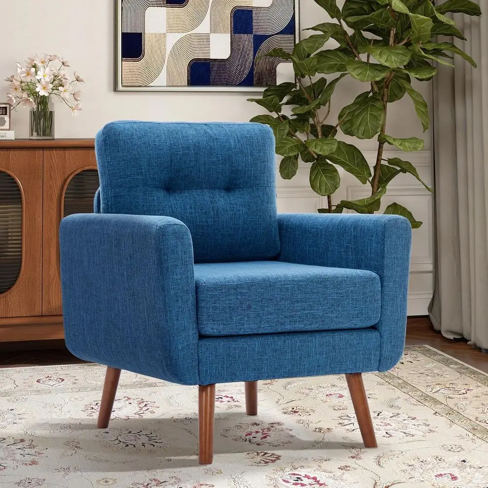 

Linen Fabric Single Sofa, Accent Chair for Living Room or Bedroom, Button-Tufted Upholstered Comfortable Reading Sofa, Blue