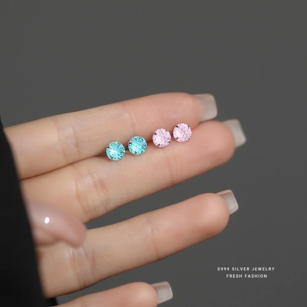 Platinum Plated Halo CZ Stud Earrings 999Sterling Silver Hypoallergenic Inlaid Pink Blue Zircon Earrings Set Fine Jewellry
