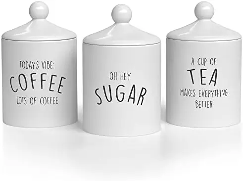 

Barnyard Ceramic Canister Set – Rustic Farmhouse Kitchen Jars for Coffee, Tea, Sugar – White, 3-Piece