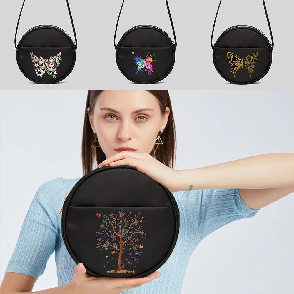 Womens' Round Messenger Crossbody Bag Coin Purse Cosmetic Organizer Handbags Butterfly Series Fashion Single Shoulder Pack