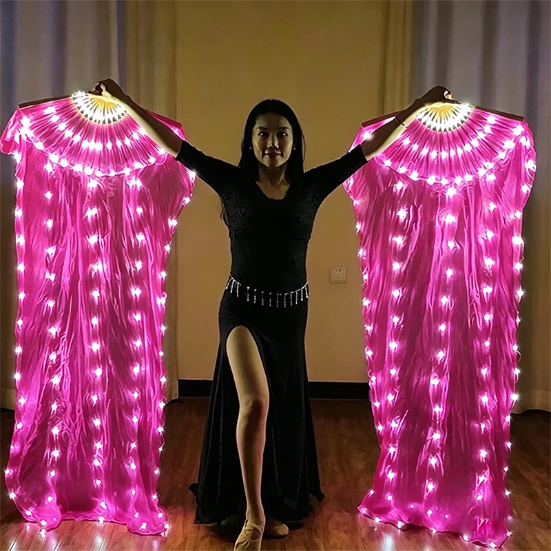 1.5M Luminous Foldable Fan Night Show Belly Dance Glowing Fans Stage Performance Long Silk Fan Classical Fan with LED Lights