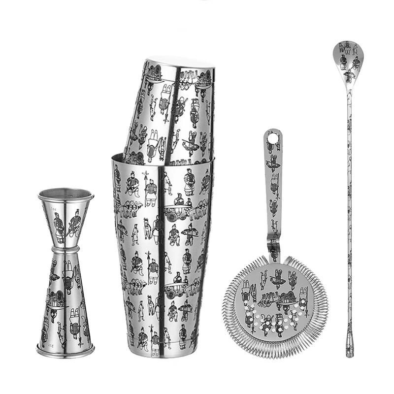 Tattoo Stainless Steel 5 Piece Cocktail Set Tin-on-Tin Shaker, Jigger, Spoon and Strainer Etched W/ Skull Rose /Terracotta Army