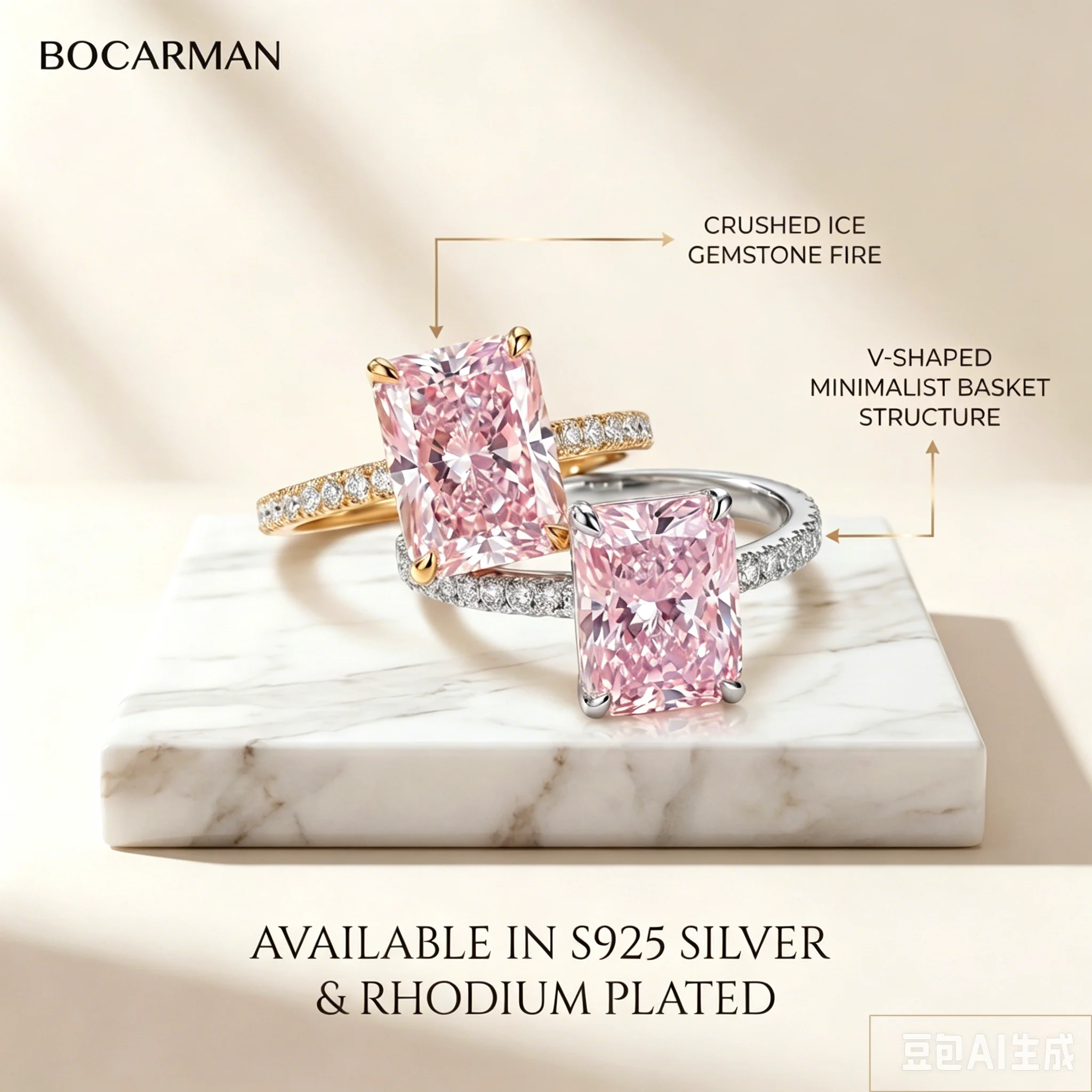 S925 Sterling Silber Platin- und Goldbeschichtete Qualitäts-Ringe mit Rosa Rechteckigem Zirkon im Sparkle Ice Cut für Damen, Feiner Schmuck – Detail 2