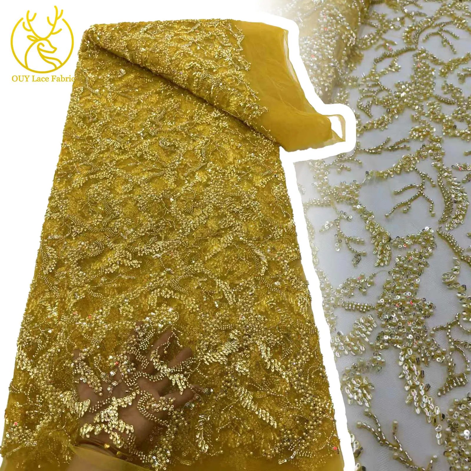 

Gold African Hand Beaded Tulle Lace Fabric 2025 Luxury French Nigerian Mesh Sequin Lace Tulle Lace For Women Party Dresses