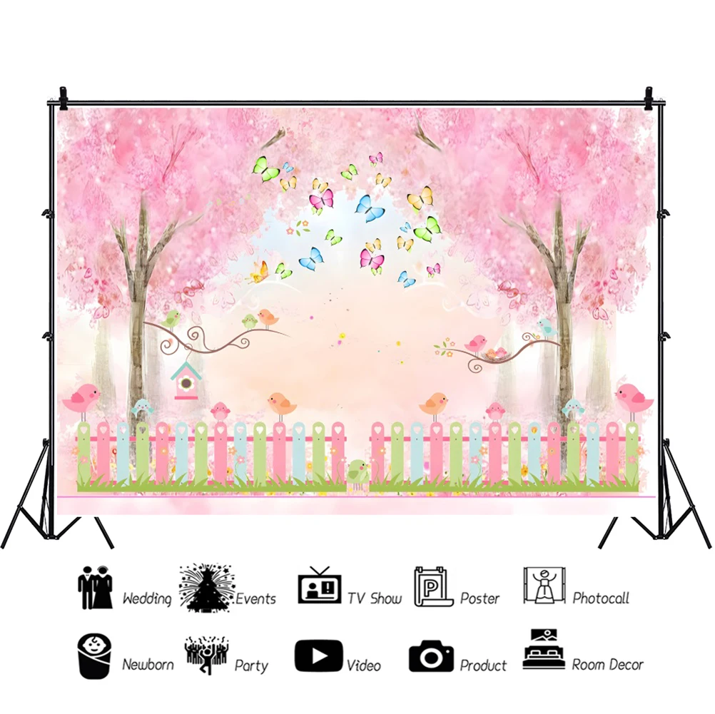 Laeacco Spring Pink Watercolor Floral Birds Butterfly Backdrop Girl Princess Birthday Portrait Customized Photography Background