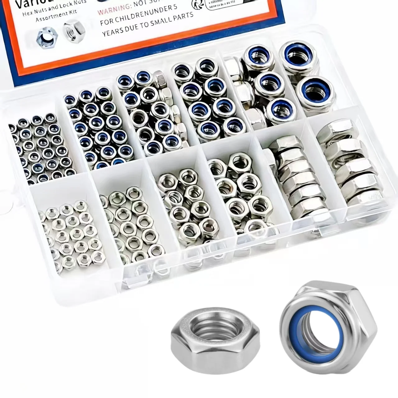 Kit Sortido de Porcas de Segurança e Porcas Sextavadas M3 M4 M5 M6 M8 M10 175 Peças Sortidas Métricas com Inserto de Nylon