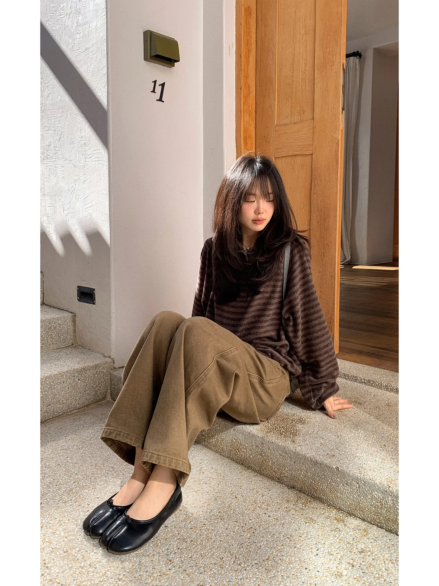 

Loose Fit Long Sve Fce Lined Hoodie Striped Base Layer Sweatirt Casual Vintage Women's T-irt Korean Sle Commute