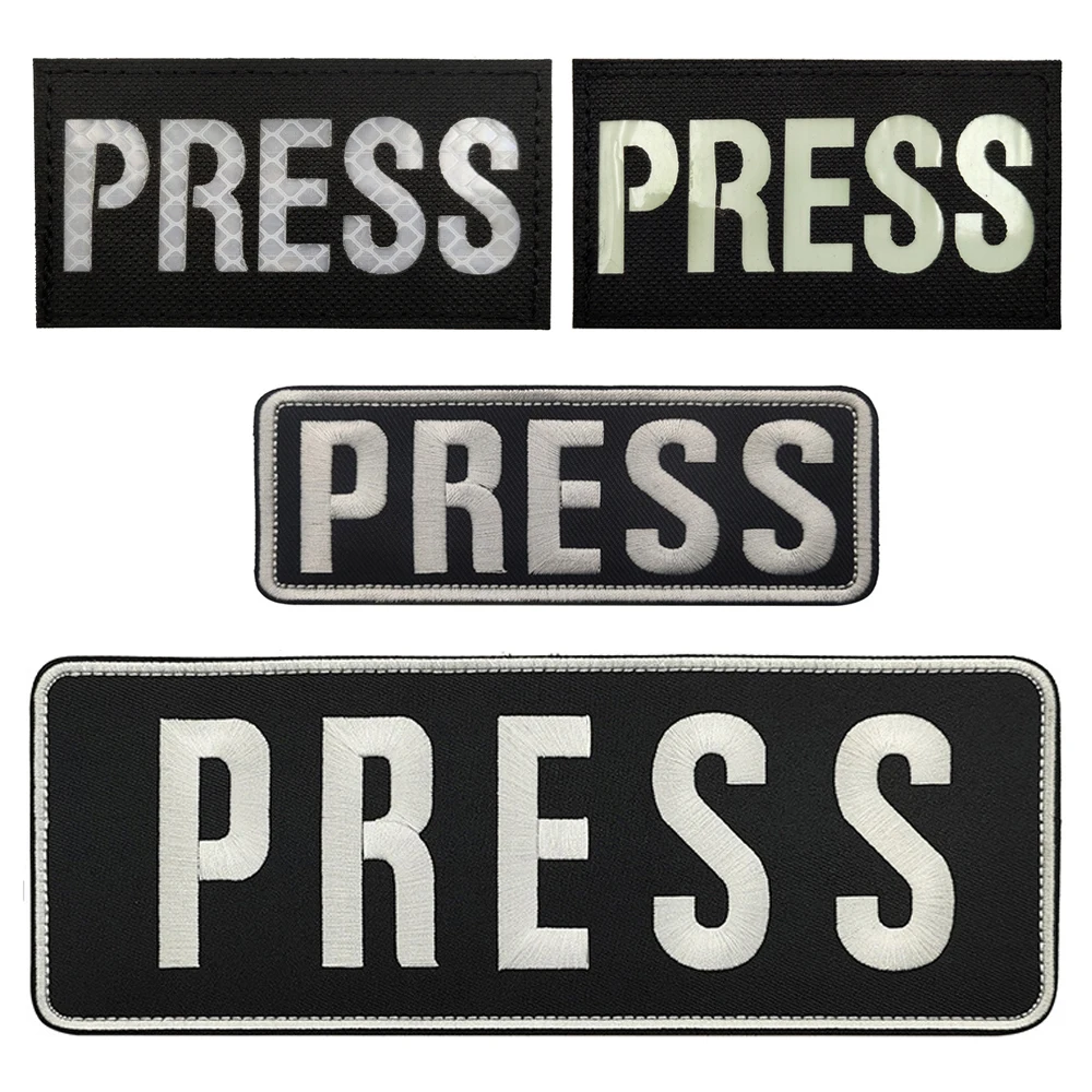 Large Size PRESS Armband Embroidery Patches MEDIA INSTRUCTOR Reflective Patch Luminous Appliques Tactical Cloth Badge Journalist
