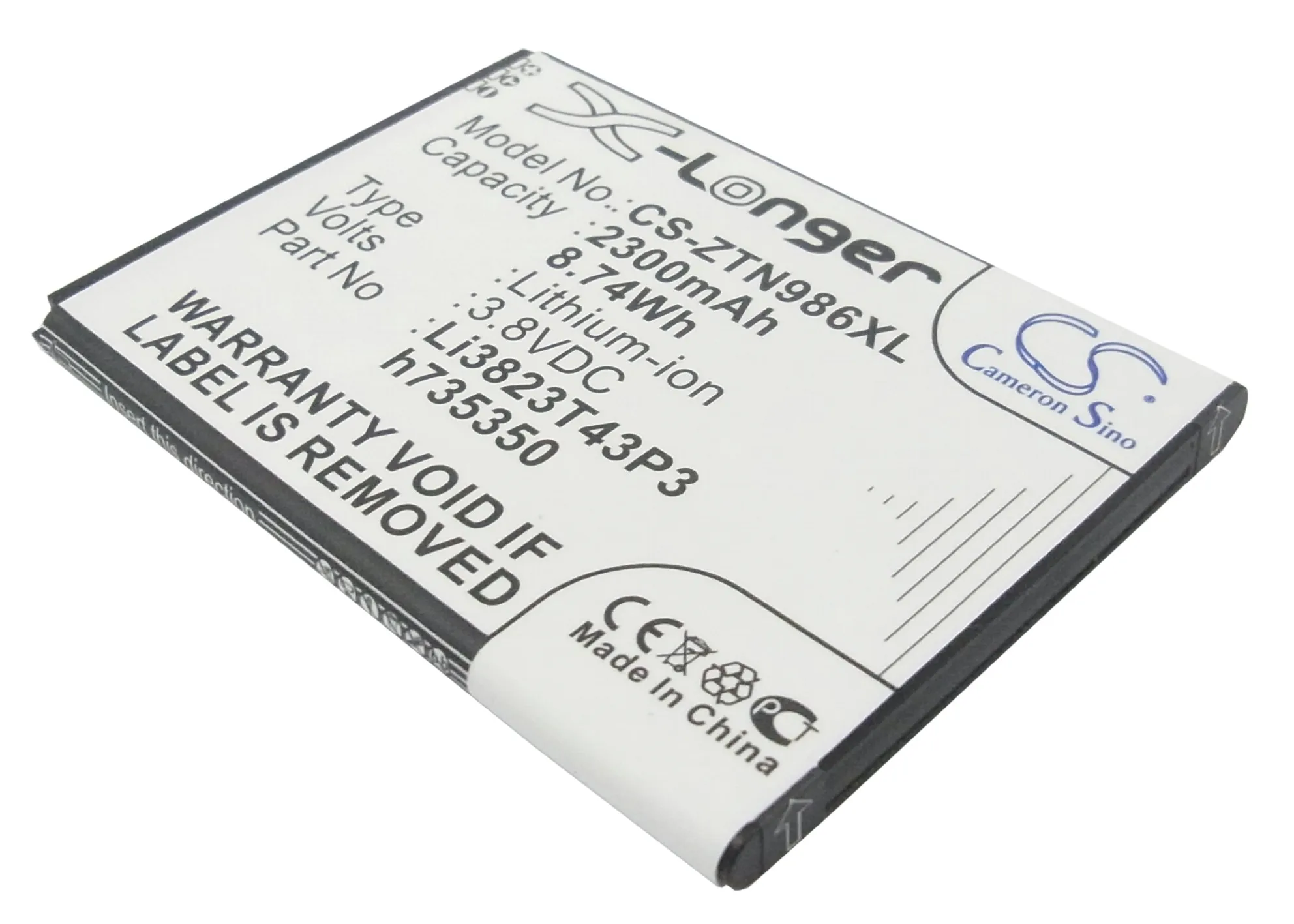 Cameron Sino 2300mAh Battery Li3823T43P3h735350 for ZTE N817,N9132,N9516,N986,Q801L,U988S,V975,Z777,Z818L, for BoostMobile  N860