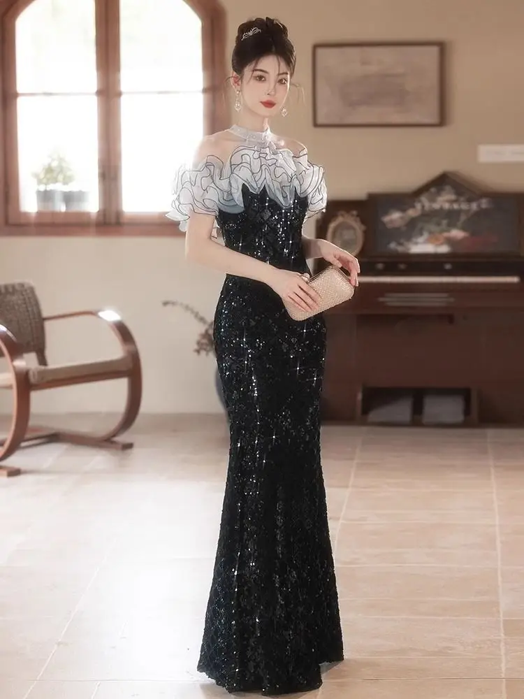 Abito da sera Ele Bla con gonna a coda fi con paillettes a vita media ort Sve Long Dr Faionable Zipper Sle Performance...