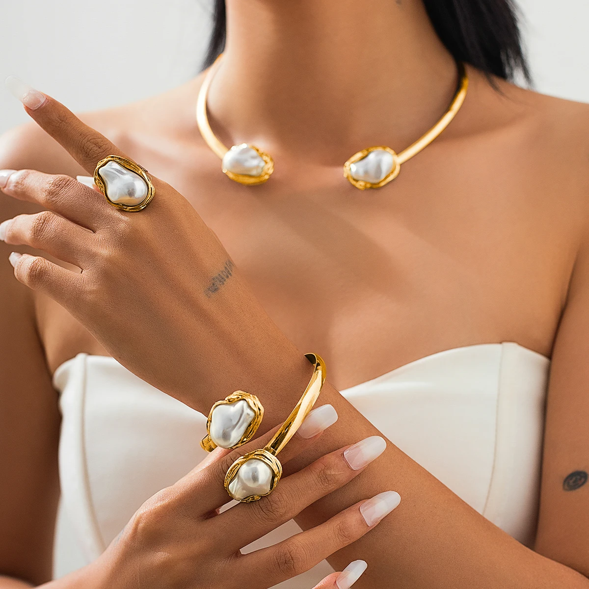 SHIXIN Elegant Baroque Imitation Pearl Choker Necklace Bangles Ring Jewelry Set Women Chunky Circle Open Torques Collar Bracelet
