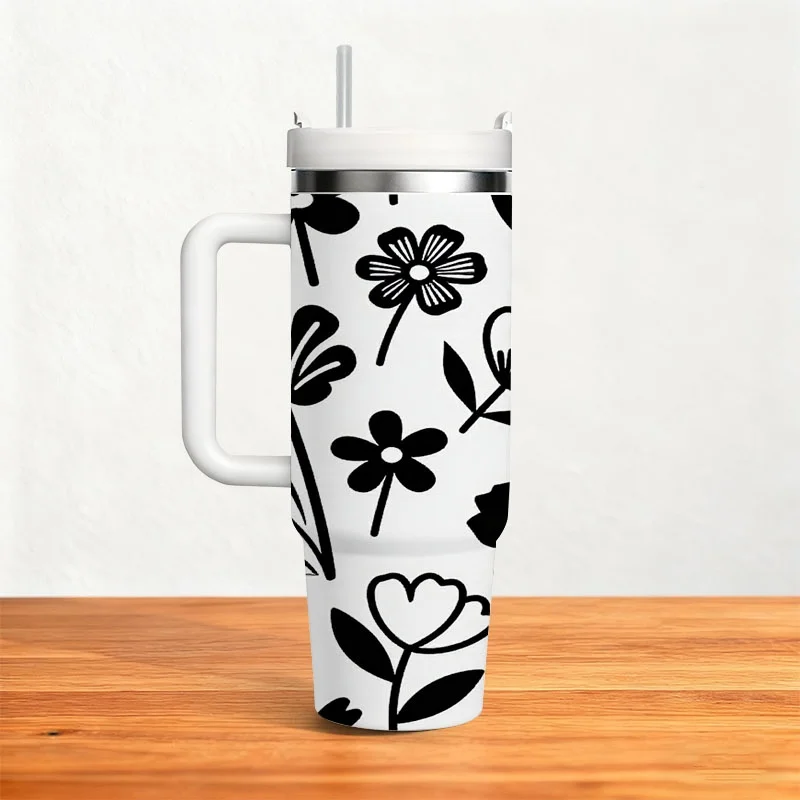 Stainless Steel Insulated Tumbler with 40Oz Capacity, Black And White Digital Printed Stylized Floral Leaf Pattern, Reusable Thermal Drink Cup for Keeping Beverages Cold Or Warm, Great for Daily Commute, Office Use And Outdoor Activities