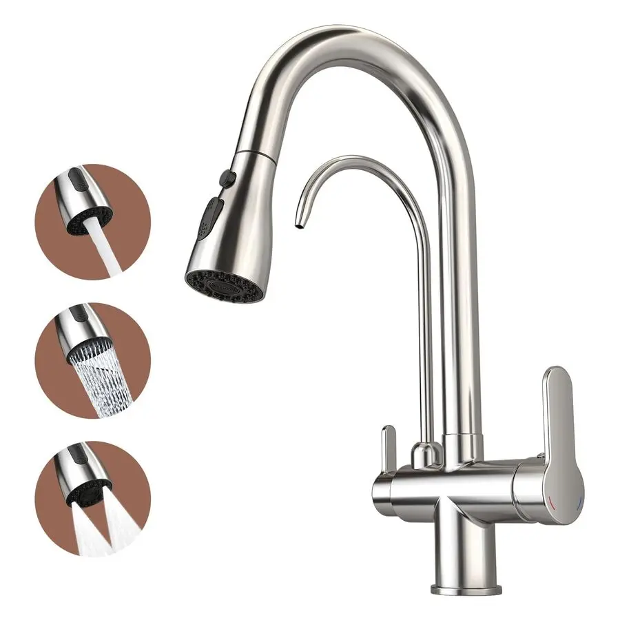 

Sink Faucet with Pull Down Sprayer, 2 Handle 3 in 1 Kitchen Sink Filter Faucet, Cold and Hot Mixer Drinking Water Faucet 3in1 Fi