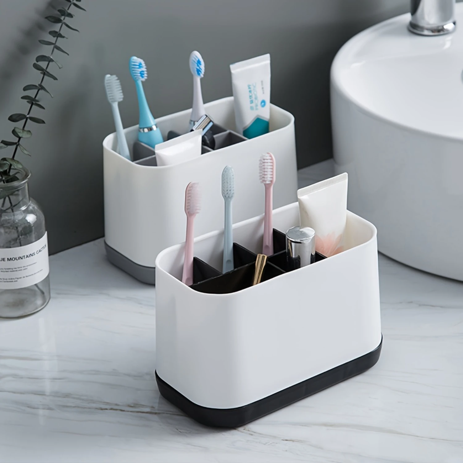 1pc Removable Multi-Compartment Toothbrush And Toothpaste Holder, Freestanding Bathroom Organizer, Plastic Toiletries  Rack, Bat