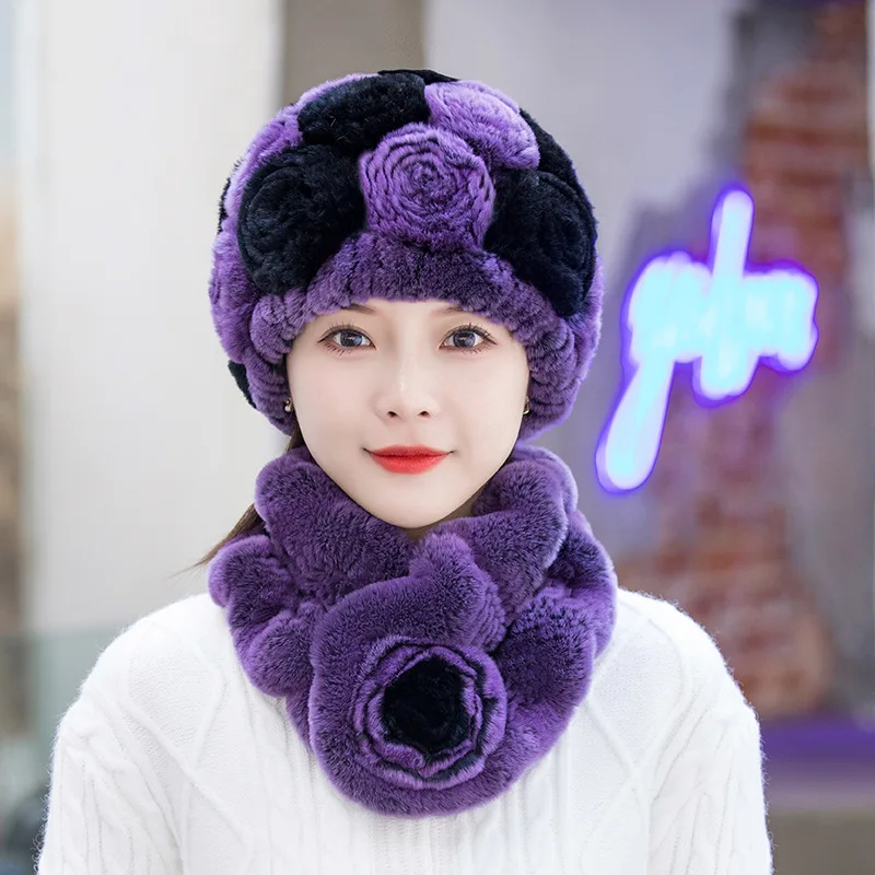 2025 Hot Sale Women Winter Fur Hat Scarf Sets Natural Warm Real Rex Rabbit Fur Cap Scarves Lady Knitted Genuine Fur Hats Muffler