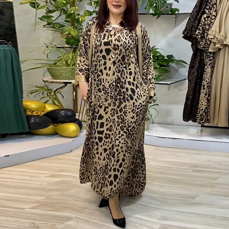 

Women Long Coat Dress Set Leopard Print Loose Short Sleeve Round Neck Pullover Lady Casual Fashion New Spring Two-piece Set