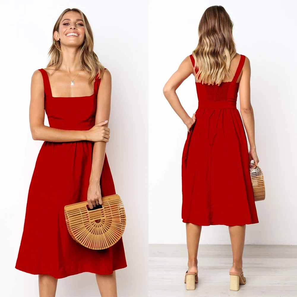 

Summer Women's Suspender Skirt Square Collar Off-shoulder Sexy Red Date White Elegant Black Party Midi Skirt