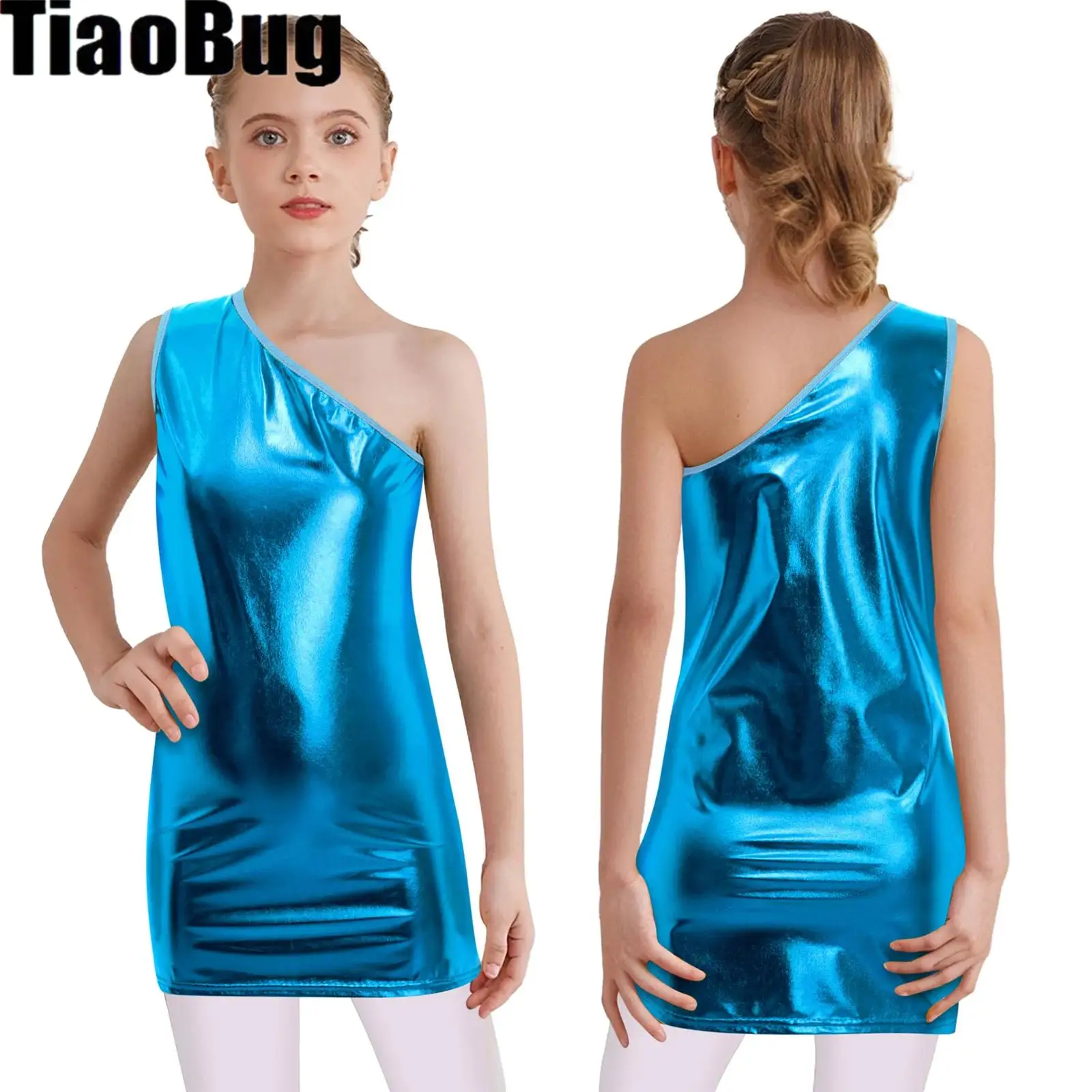 

Kids Girls Sleeveless Metallic Dress One Shoulder Jazz Dance Cheerleading Stage Performance Costume