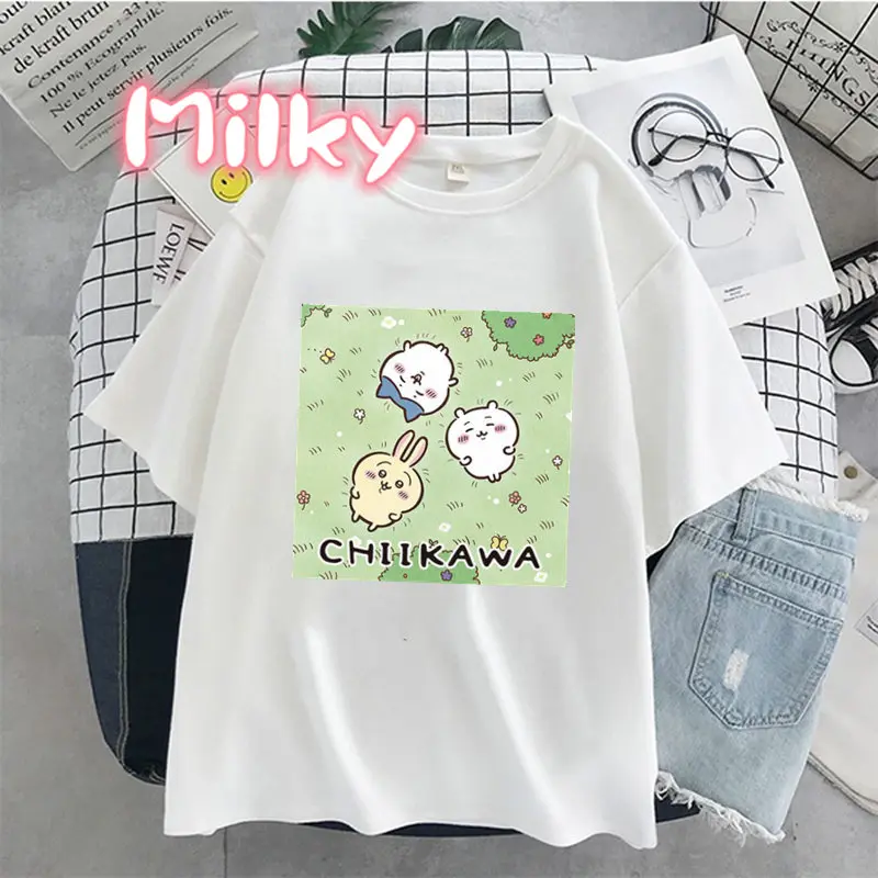 T-shirt à manches courtes imprimé Chiikawas pour femmes, Streetwear Harajuku, Tee graphique esthétique, Comics japonais, Vêtements en Y féminins drôles, Mignon