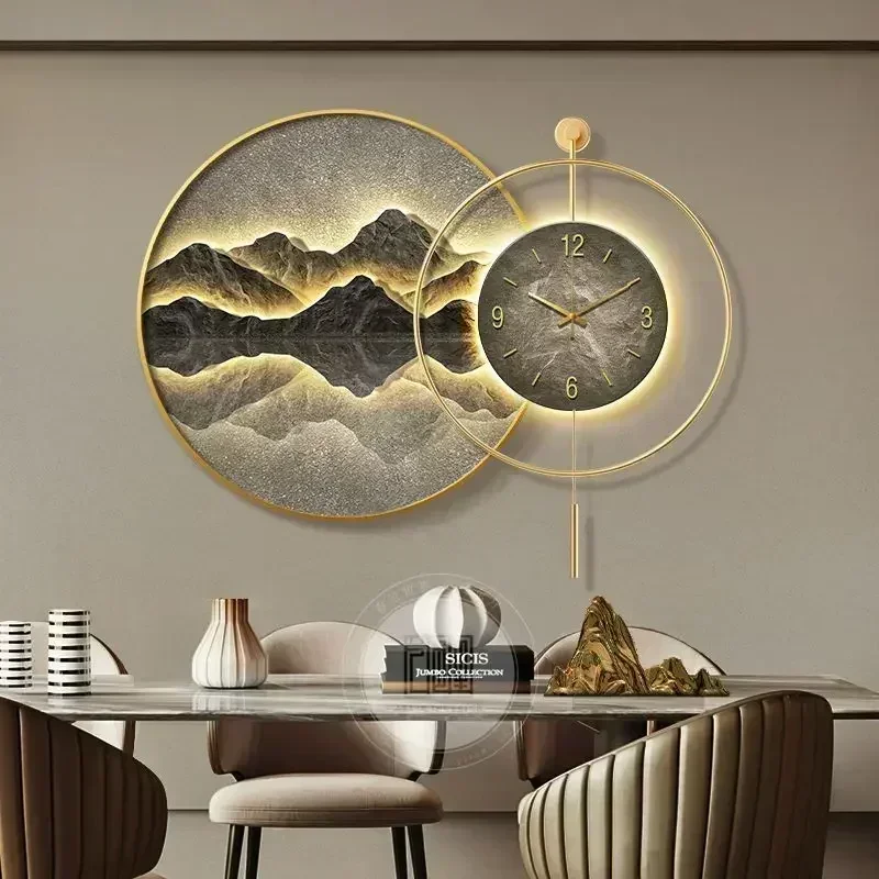 Wall Clock with Light Decorative Painting, High-grade Living Room Landscape Painting, High-grade Light Luxury Wall Painting