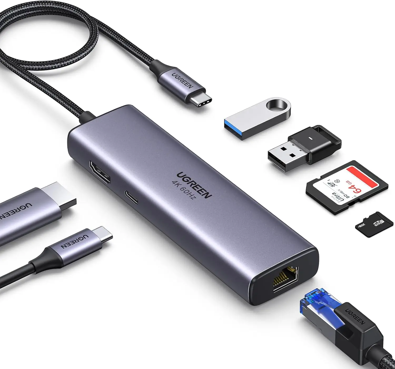 

USB-C хаб 7-в-1 с Gigabit Ethernet, 4K HDMI, зарядкой PD 100 Вт, кардридером SD/TF для Mac, iPad, iPhone