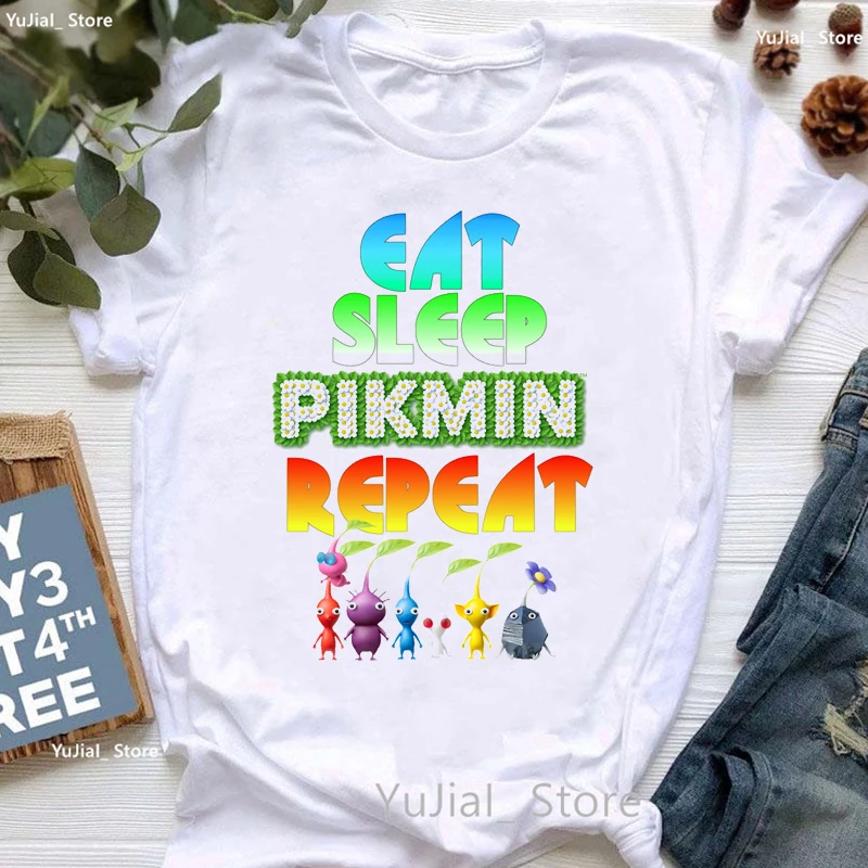 

Eat Sleep Pikmin Running Graphic Print T Shirt Girls Funny White Tshirt Femme Harajuku Kawaii Clothes Summer Fashion T-Shirt