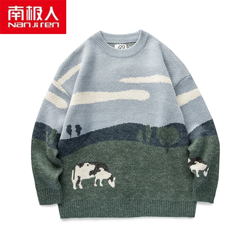 Nanjiren men Clothing Men Breathable Pullovers Warm Daily Casual O-neck Animal Print Long Sleeves Cotton Thin Men Sweater