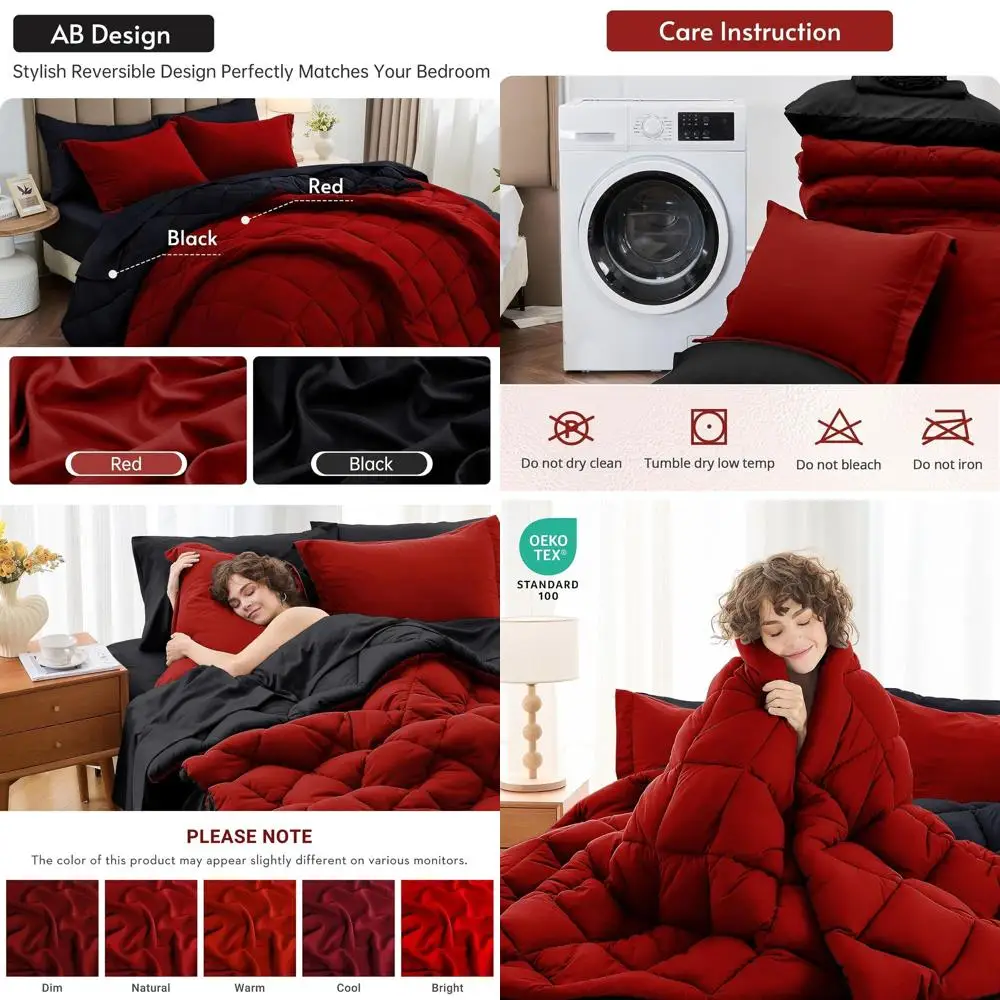 

All-Season Reversible Queen Bedding Set with Comforter, Sheet, Pillowcases, and Shams in Red & Black