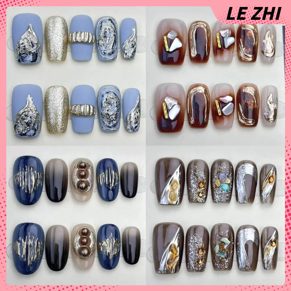 

10Pcs Light Luxury Silver Flowers Handmade Short Square Round Press On Nail Pearl Flash Powder Cat Eye Gradients Full Cover Nail